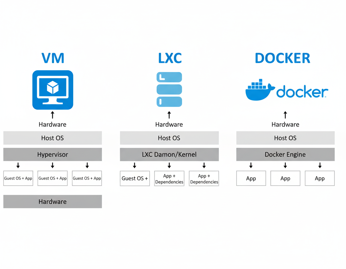 Virtual Machine vs Linux Container vs Docker Container.